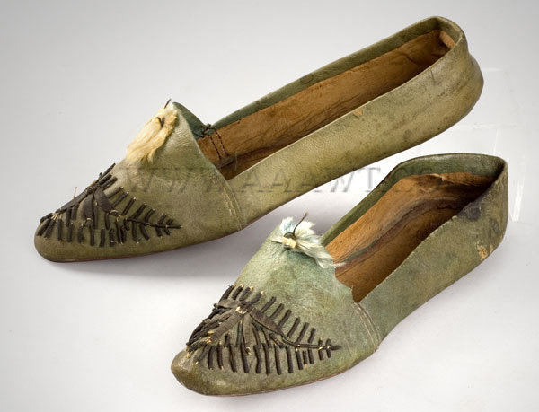 Antique Slippers, Children's, Green Leather, pair view